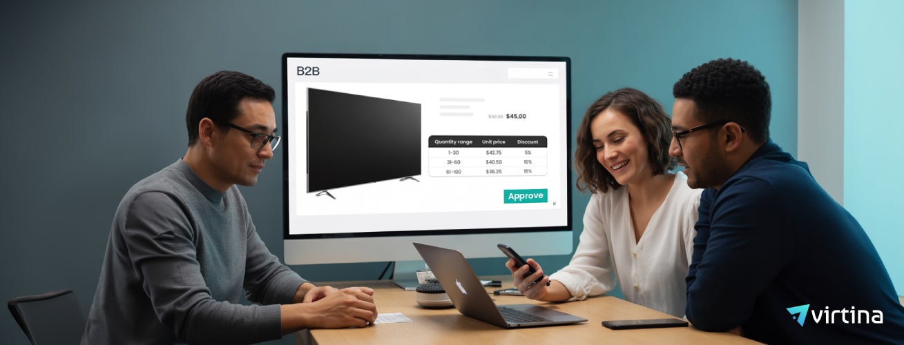 Team reviewing a B2B cart with price breaks and approval flow on laptop and phone