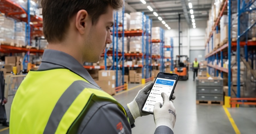 “Field technician using a phone to reorder parts from past invoices