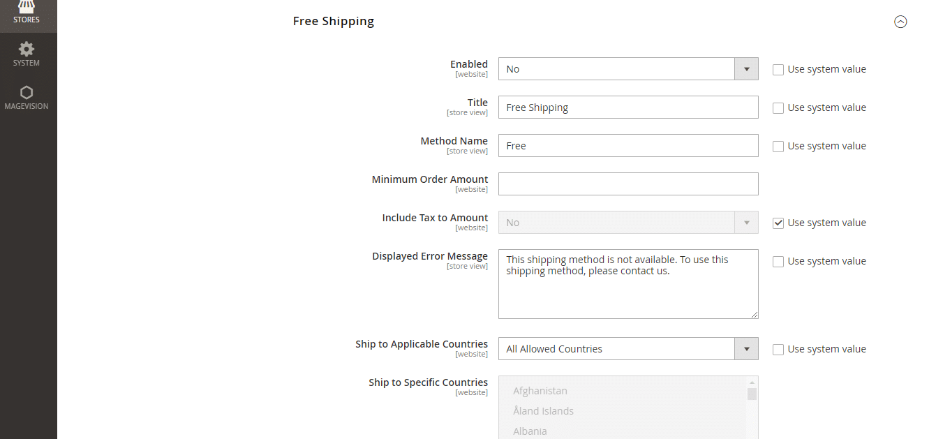 Free Shipping Method Configuration