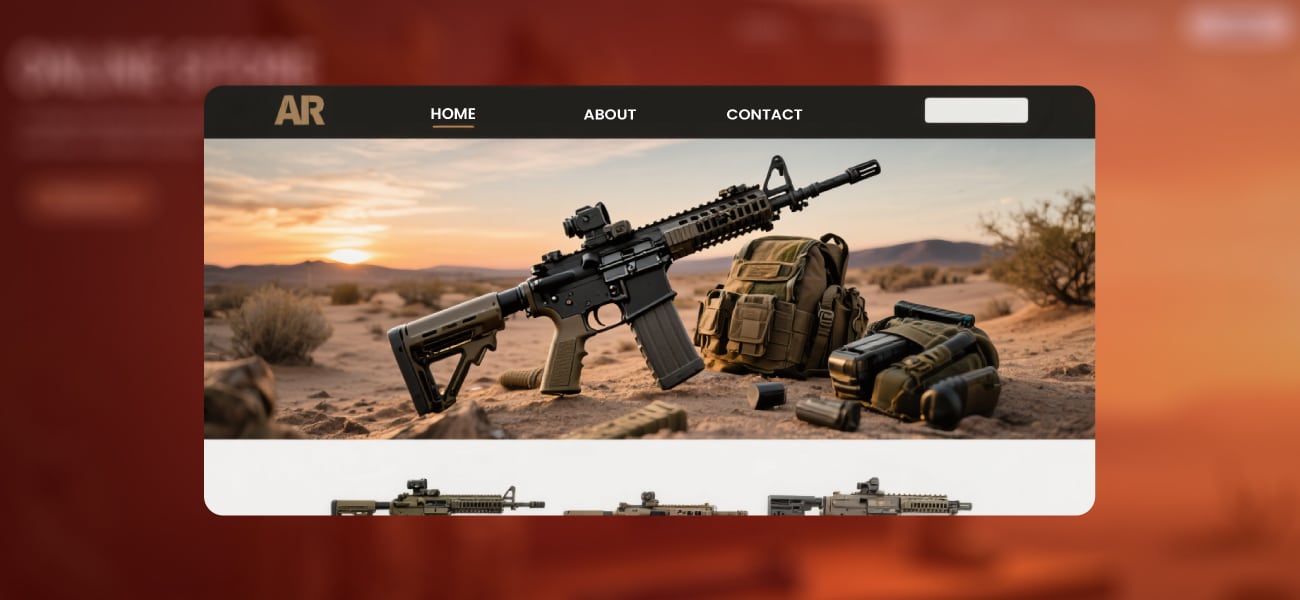 Illustrated website interface featuring a tactical rifle and military-style gear with navigation menu options for Home, About, and Contact.
