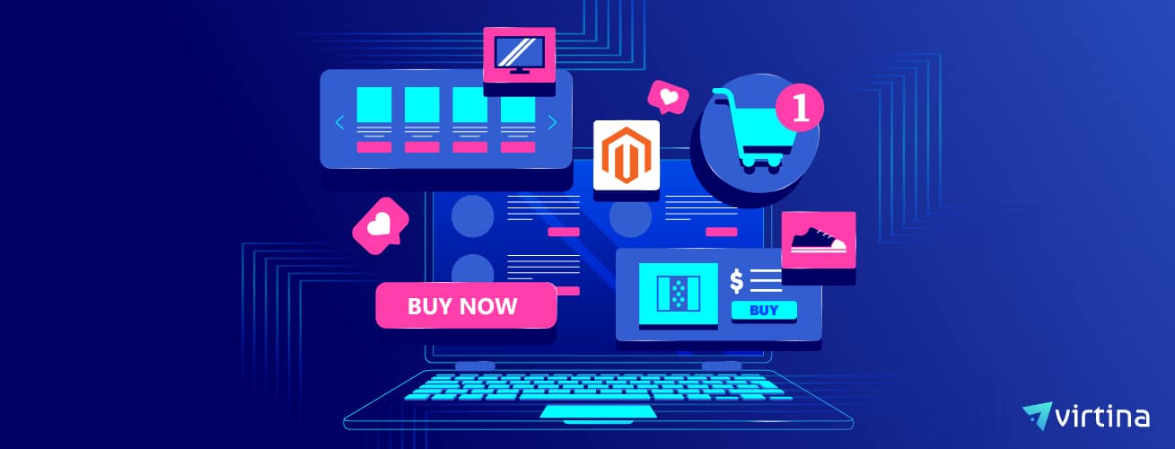 Illustration of a future-ready eCommerce business using Magento 2025 with AI, PWA, and B2B tools.