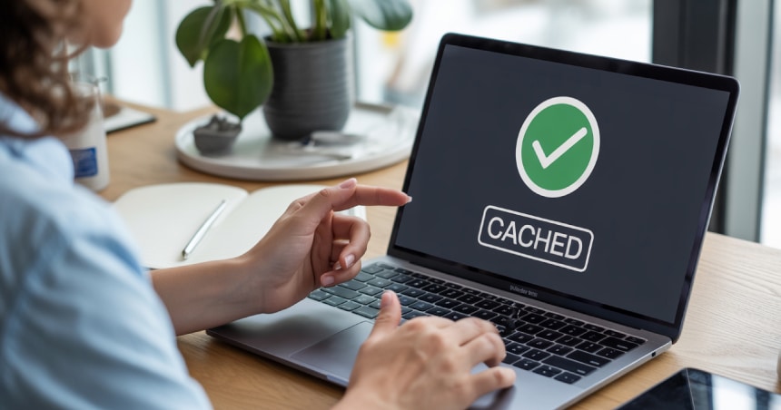 User viewing a cached web page on a laptop
