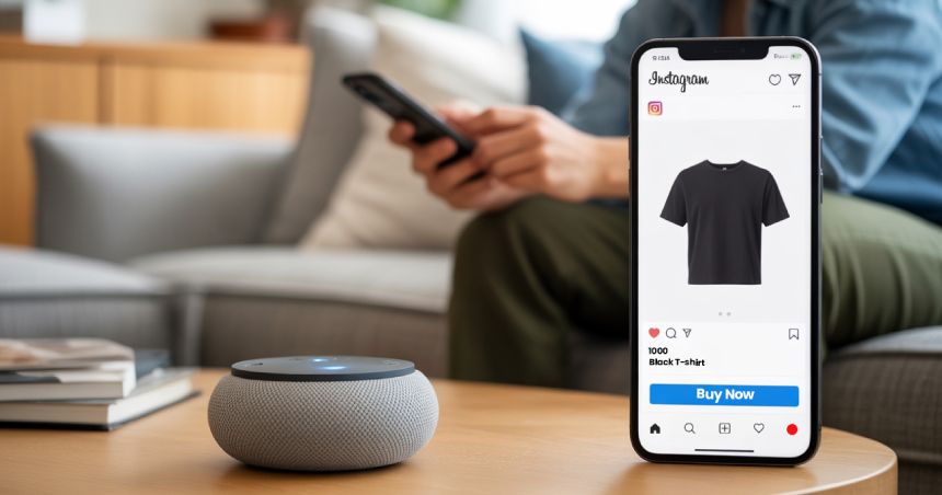 Shopper moves from social post to a personalized product page with one-tap pay while a smart speaker is nearby.