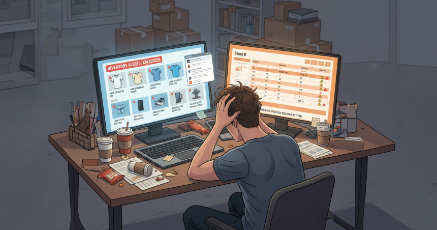 Ecommerce manager overwhelmed by running two separate Shopify stores with split inventory, duplicate apps, and disconnected analytics