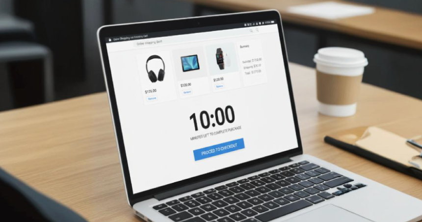 Laptop screen showing cart with a Hold expires in 10 minutes notice above Checkout