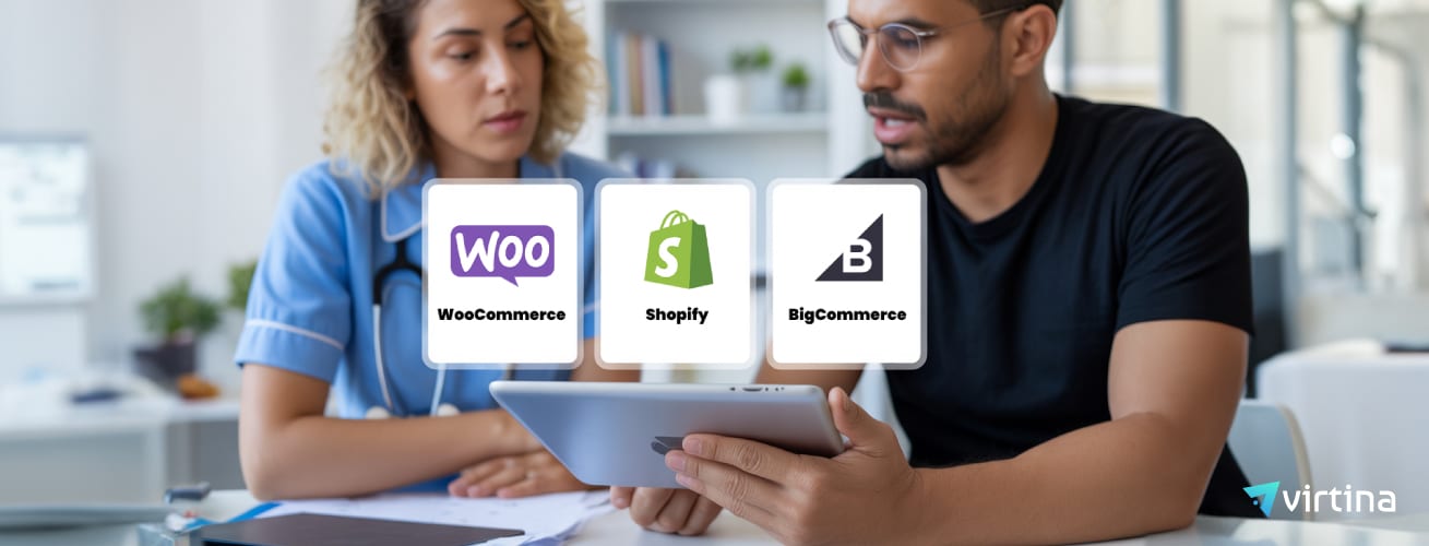 Healthcare clinician and IT lead reviewing platform options WooCommerce, Shopify, and BigCommerce on a tablet.