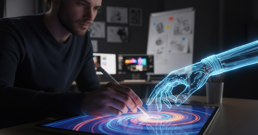 Designer editing a webpage mockup with a faint AI outline hand offering supportive guidance