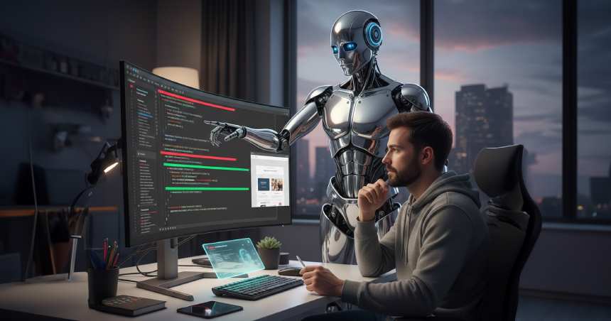 AI robot showing code errors and suggested fixes to an ecommerce developer at their desk
