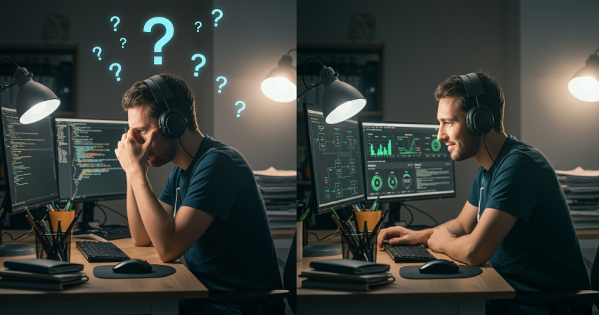 Before and after view of a developer struggling alone versus using AI to understand systems, performance, and integrations