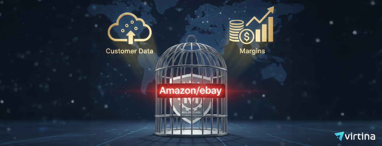 Manufacturer icon inside an Amazon and eBay cage, with customer data, margins, and relationships outside.