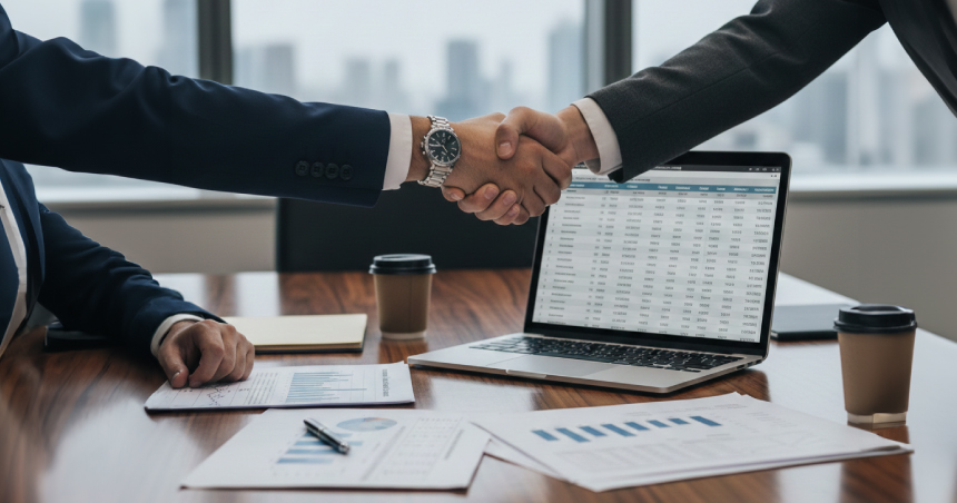 Business handshake over ongoing account documents, illustrating trust and continuity in B2B commerce.