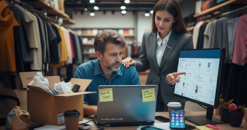 Stressed ecommerce store owner receiving support from Virtina as an AI ecommerce expert to resolve operational issues and restore control.