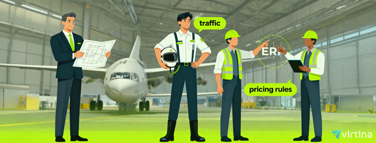 CEO commander, marketing pilot, and engineers reviewing a fighter jet blueprint for B2B ecommerce.