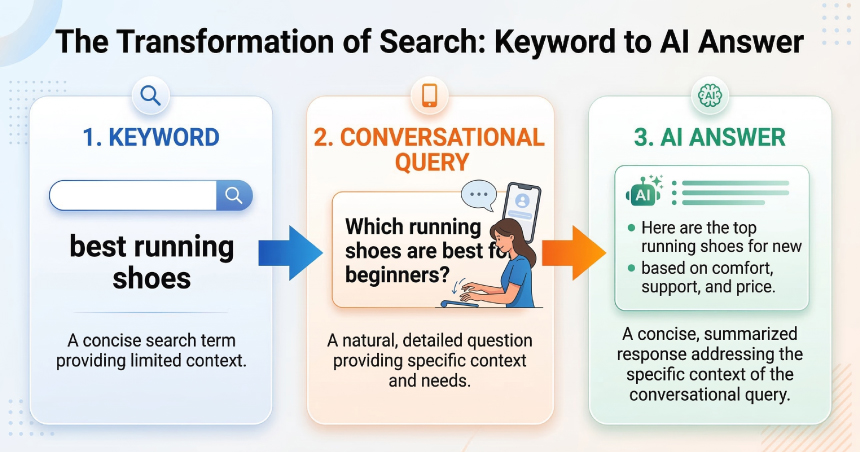 Graphic showing the evolution of search from a short keyword query to an AI-generated answer