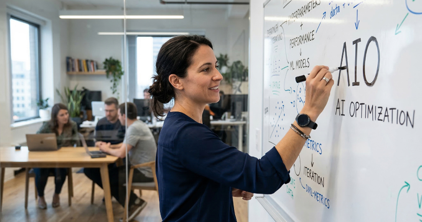 Person writing AIO on a whiteboard with the words AI Optimization