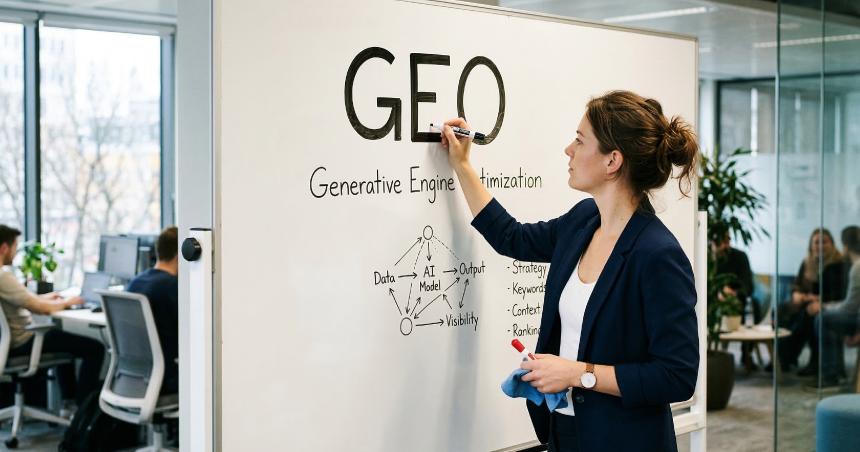 Person writing GEO on a whiteboard with the words Generative Engine Optimization