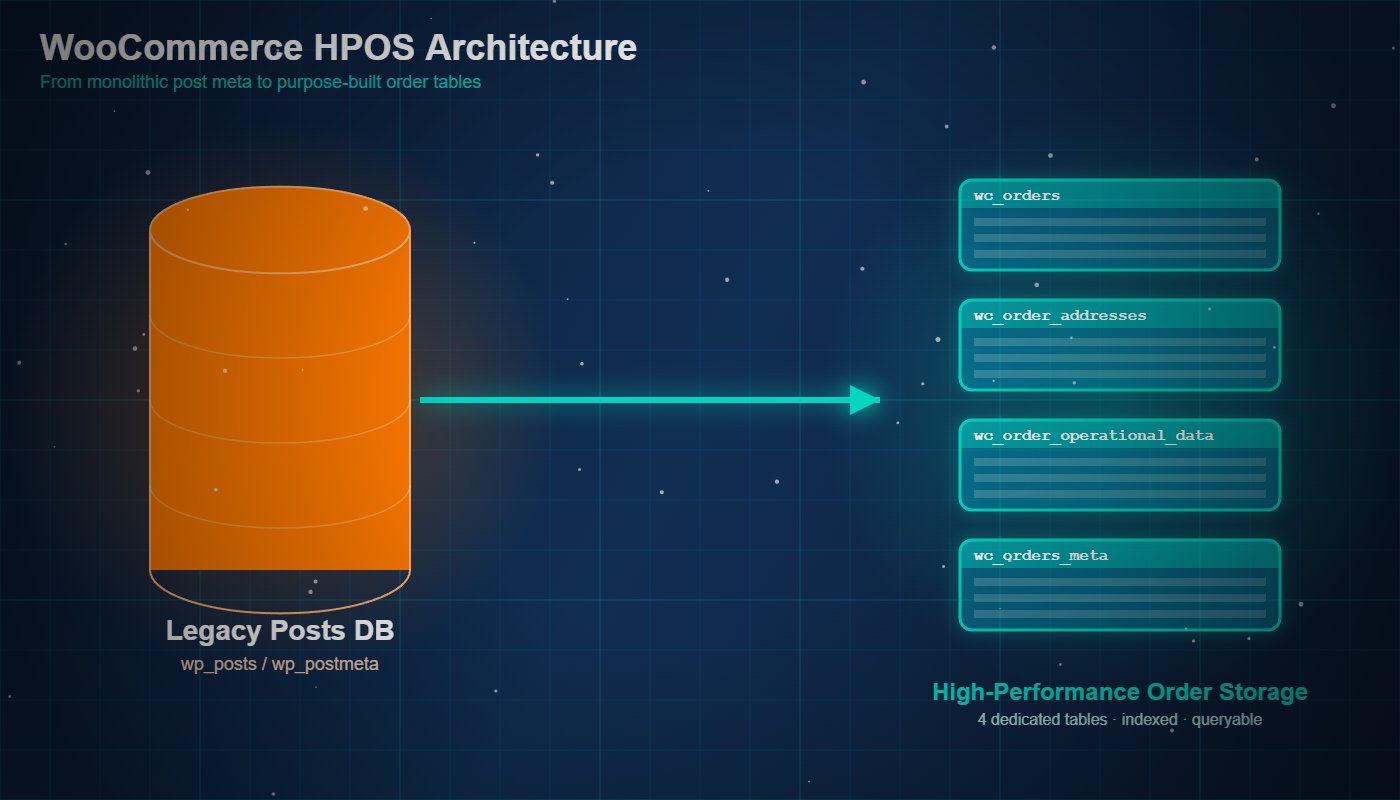 How HPOS restructures WooCommerce order data: custom wc_orders tables replace legacy post meta