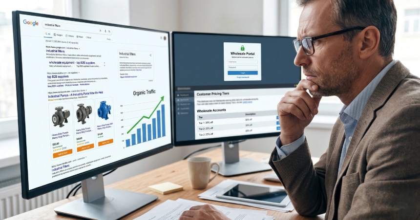 B2B ecommerce manager analyzing Google search rankings, organic traffic growth, wholesale portal settings, and product visibility on dual monitors.