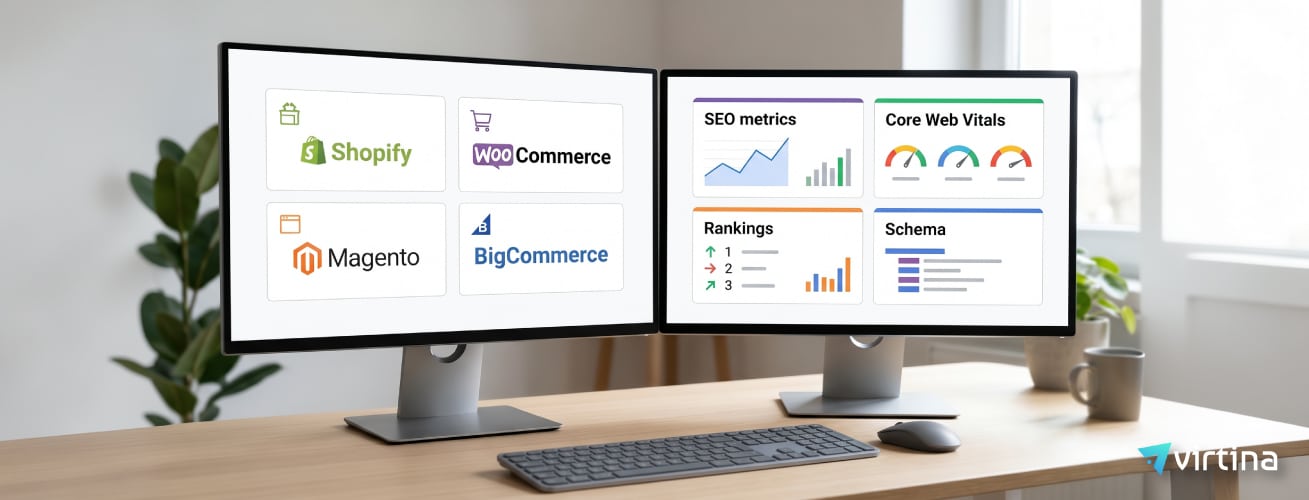 Ecommerce SEO optimization dashboard displaying Shopify, WooCommerce, Magento, and BigCommerce platforms alongside rankings, schema markup, and Core Web Vitals metrics.