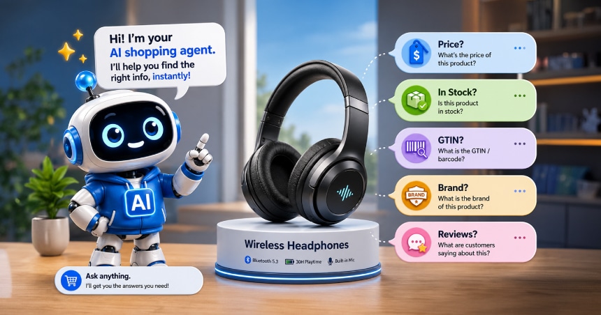 AI shopping assistant answering product questions about price, stock availability, GTIN, brand information, and customer reviews for wireless headphones to enhance ecommerce product discovery.
