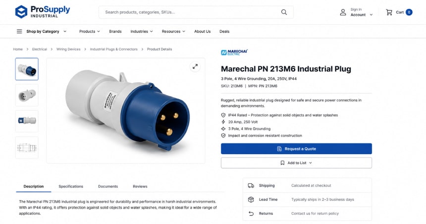 Industrial plug product page with “Request a Quote” button in B2B ecommerce WooCommerce interface