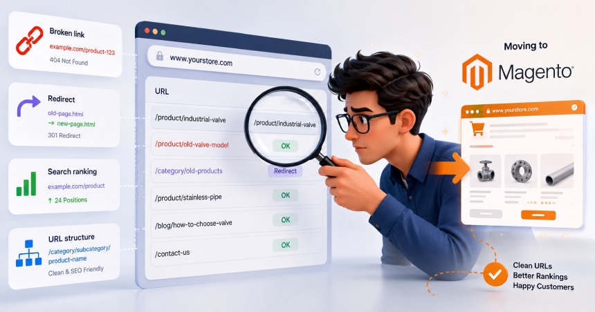 Character inspecting website URLs during BigCommerce to Magento migration to fix broken links and implement 301 redirects.