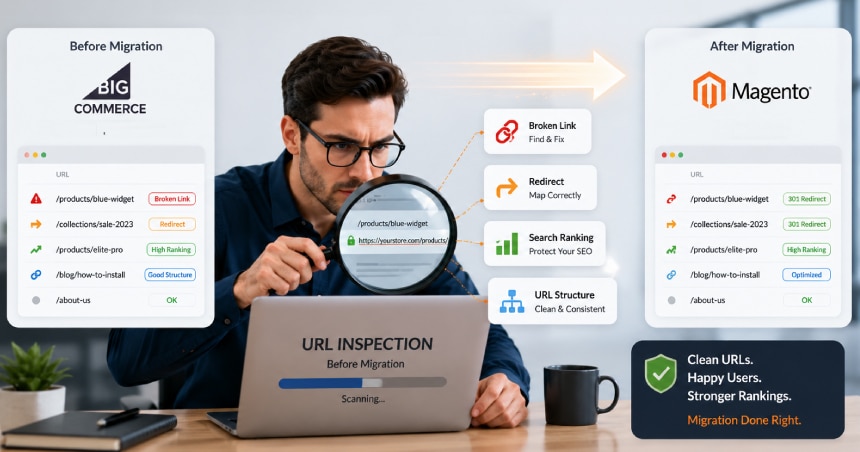BigCommerce to Magento migration showing URL inspection, broken link fixes, 301 redirects, and SEO optimization to preserve search rankings.
