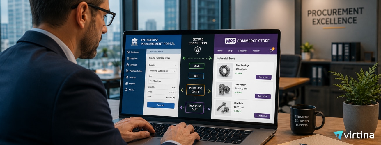 Procurement manager using an enterprise procurement portal integrated with a WooCommerce B2B store for seamless purchase order automation, product catalog management, and eCommerce workflow.