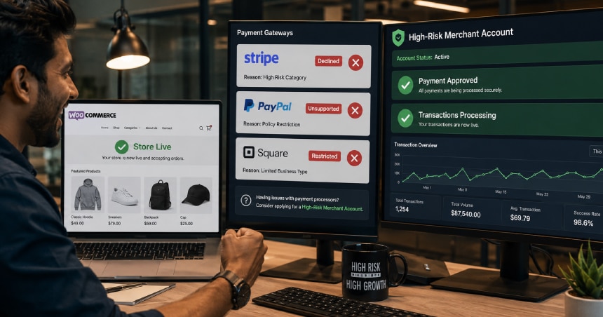 WooCommerce store successfully processing orders with a high-risk merchant account after Stripe, PayPal, and Square payment restrictions.