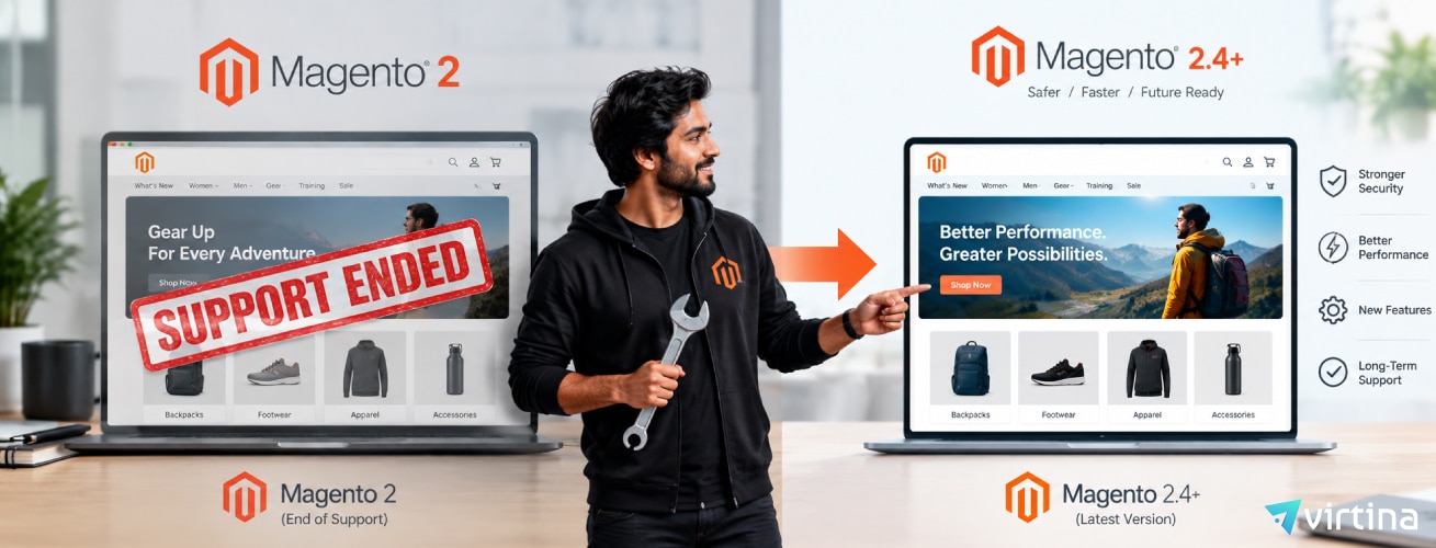 Developer pointing to a Magento 2 to Magento 2.4+ upgrade graphic showing supported features and performance enhancements.