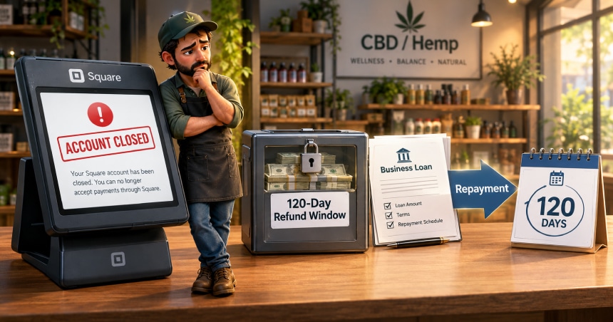 Square account closed error screen on POS terminal in a CBD store showing a 120-day refund window and loan repayment schedule.