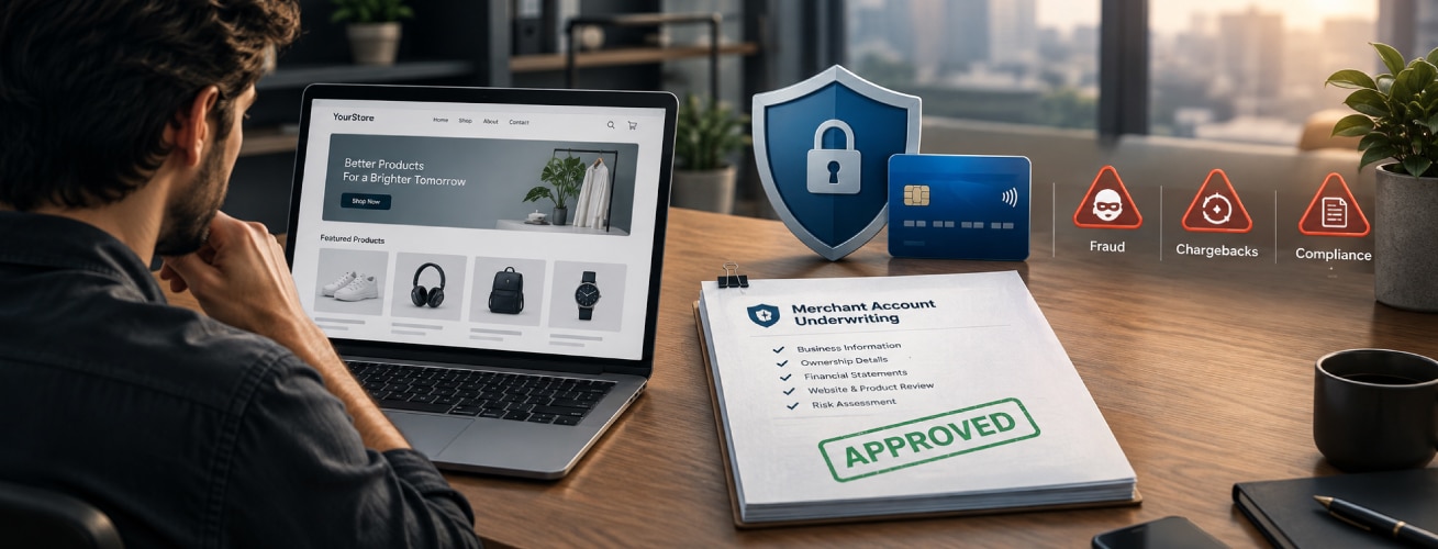 E-commerce business owner reviewing merchant account underwriting document with approved stamp, credit card security shield, and risk icons