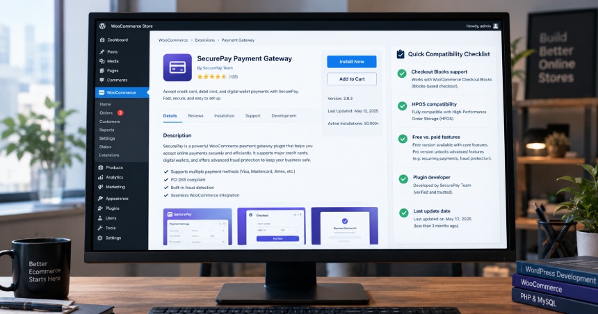 WooCommerce payment gateway plugin listing displayed on a computer monitor, featuring installation details, customer reviews, payment security features, checkout block support, HPOS compatibility, and plugin update information.