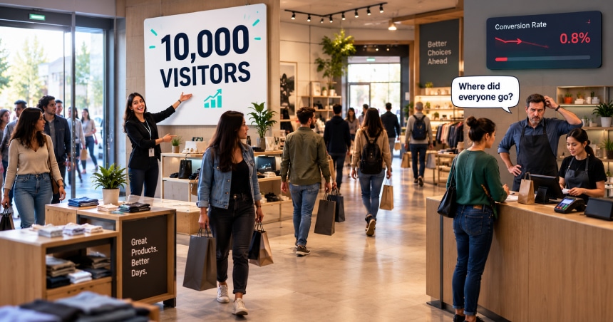 Retail store with 10,000 visitors but low 0.8% conversion rate, highlighting ecommerce conversion problems and customer drop-off.