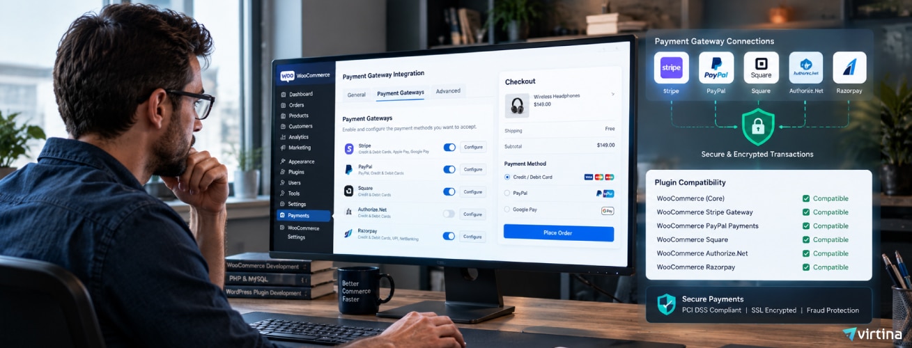 WooCommerce payment gateway integration dashboard showing Stripe, PayPal, Square, Authorize.Net, and Razorpay with secure checkout and plugin compatibility.