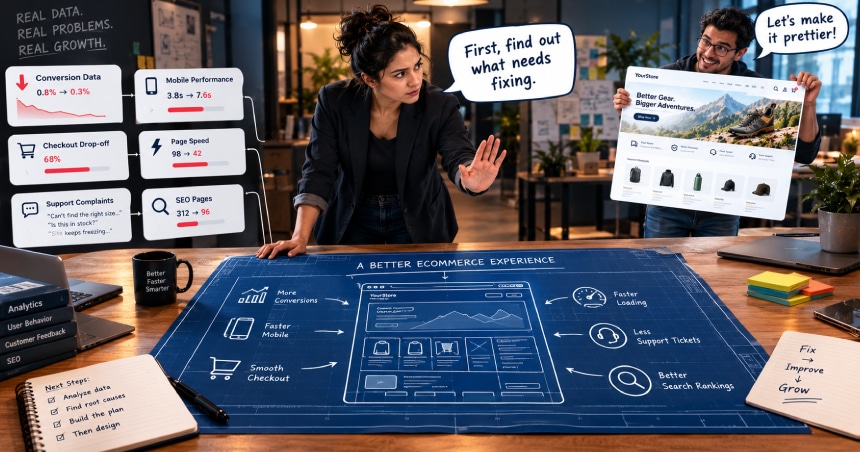 Ecommerce UX strategy focused on analyzing conversion data, mobile performance, checkout drop-off, page speed, SEO, and customer feedback to improve online store performance.