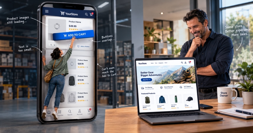 Ecommerce website with mobile UX problems including slow-loading product images, small text, overlapping buttons, and difficult add-to-cart navigation.
