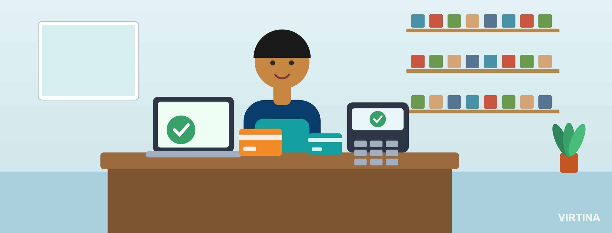 Store owner at a checkout counter with an approved card payment