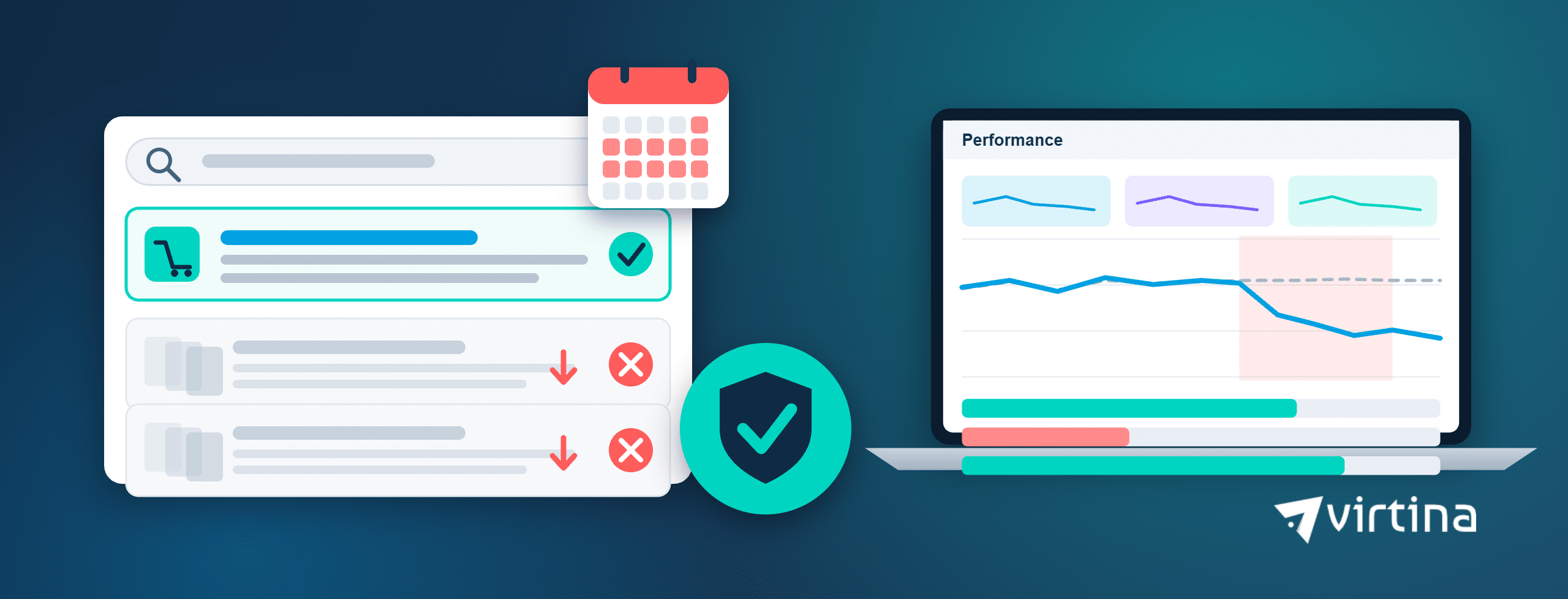 Google search results where a healthy store page ranks while duplicate spam pages are demoted, beside a calendar range and a laptop showing a Search Console traffic drop