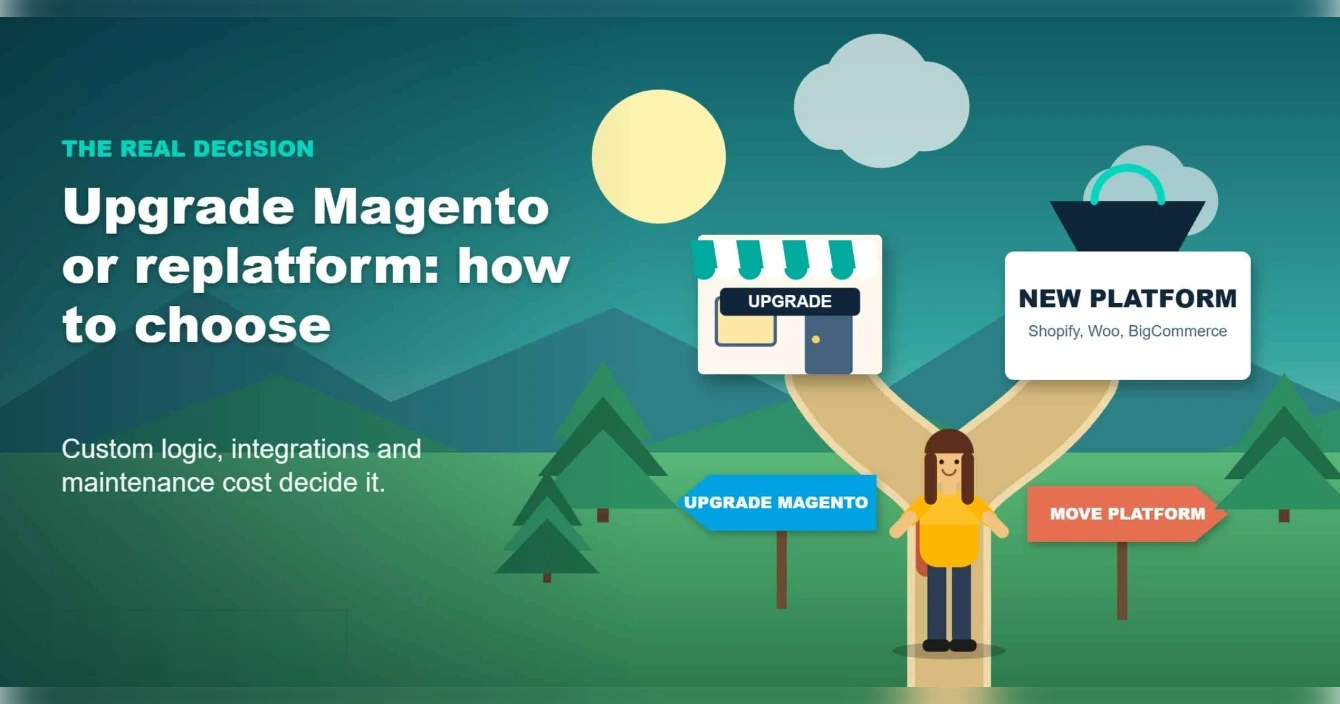 Illustration of a person at a fork in the road choosing between upgrading Magento and moving to a new platform