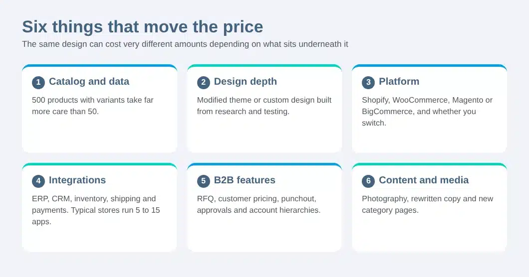 Six factors that drive ecommerce website redesign cost: platform, design depth, custom features, integrations, content and SEO migration