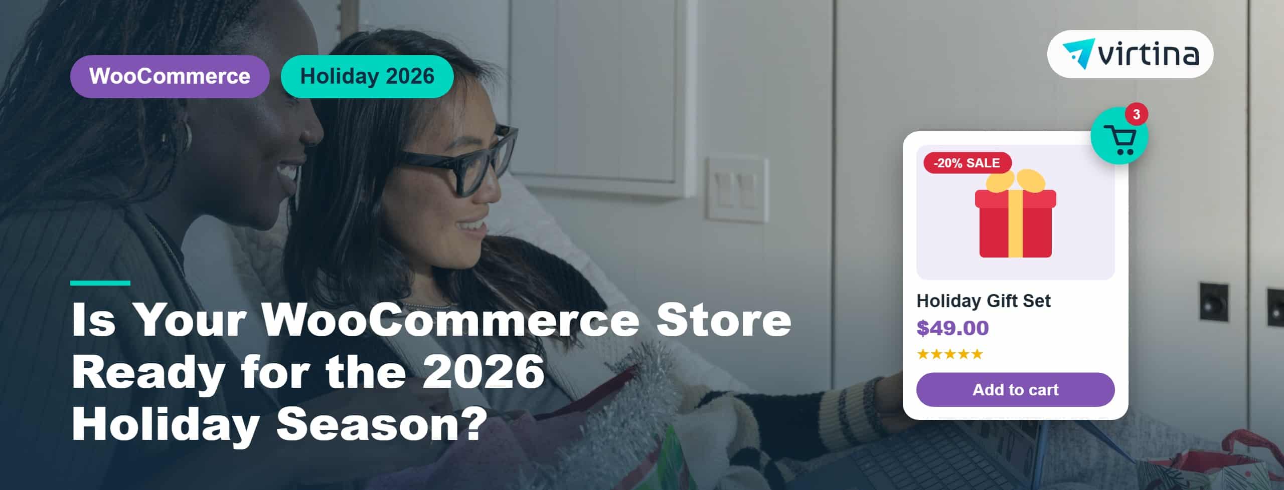 Two friends shopping online on a laptop with holiday gift bags, with a WooCommerce holiday gift product card and cart icon
