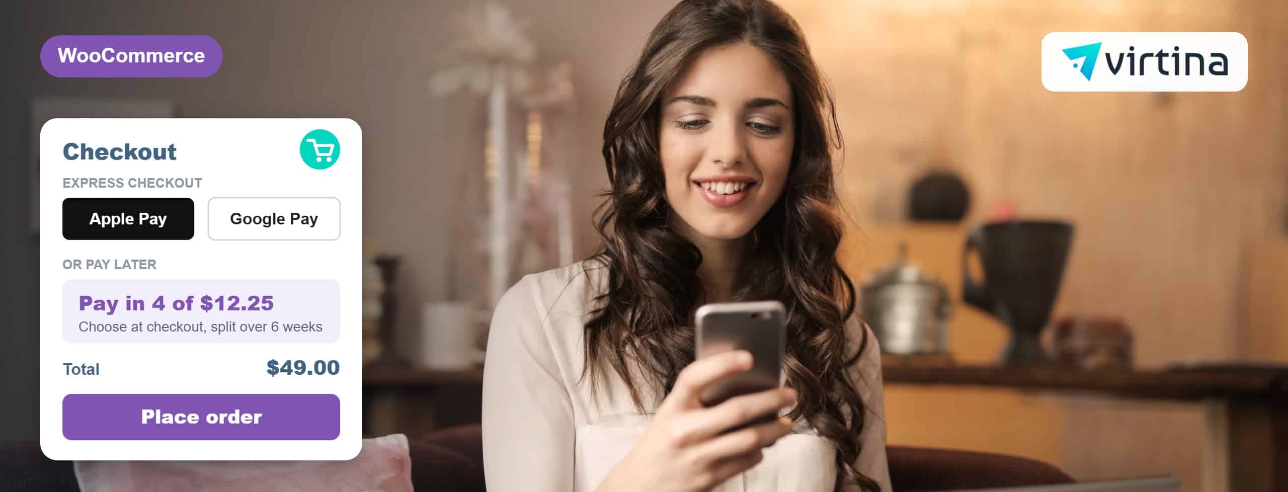 Woman on a sofa using her phone to shop online, with a WooCommerce mobile checkout card showing wallet buttons and pay in 4