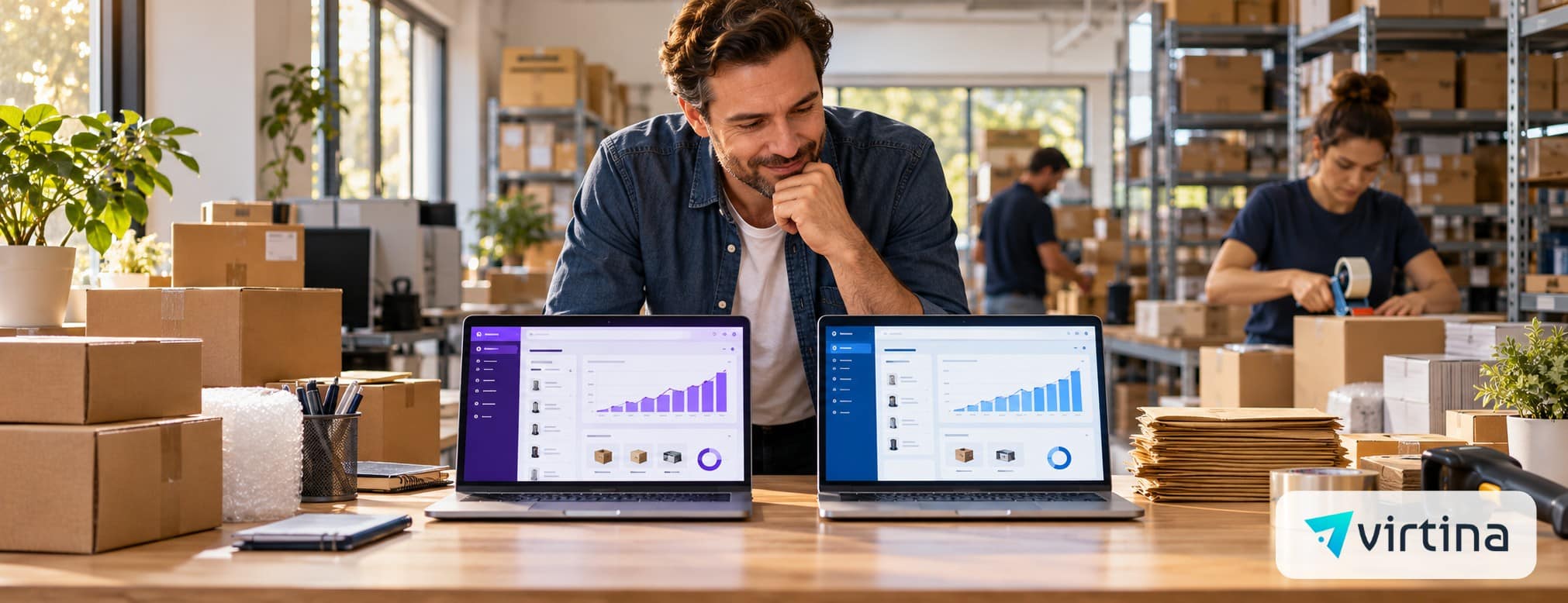 A growing online store warehouse where the owner compares a purple-themed store dashboard and a blue-themed hosted store dashboard side by side, both showing rising sales